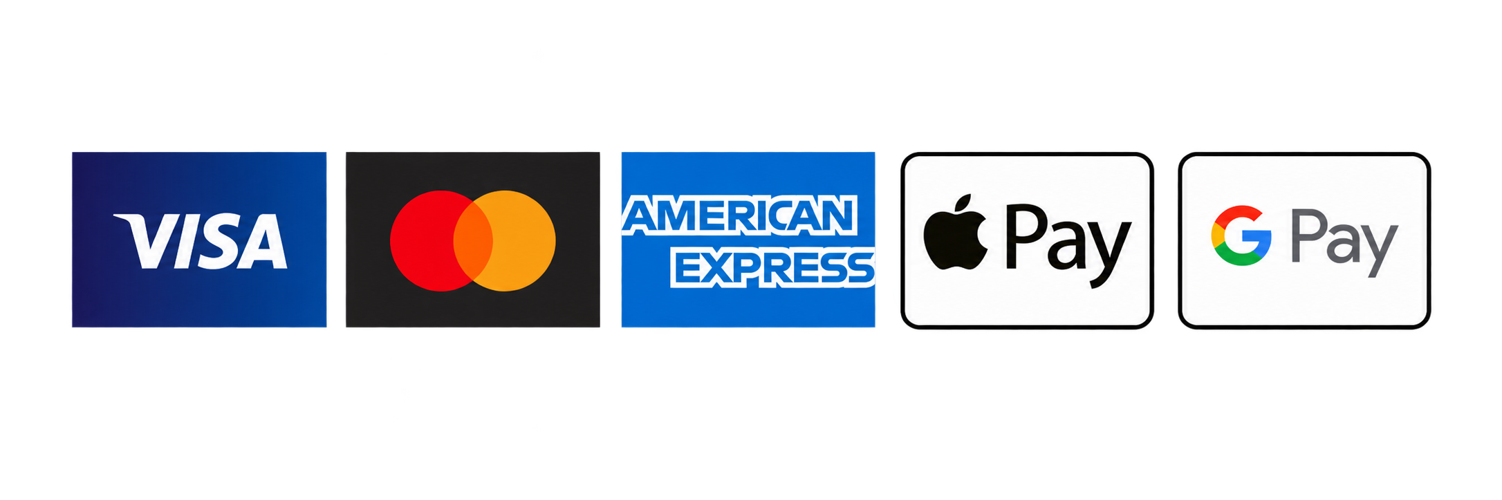 Accepted payment methods: Visa, Mastercard, American Express, Apple Pay, and Google Pay